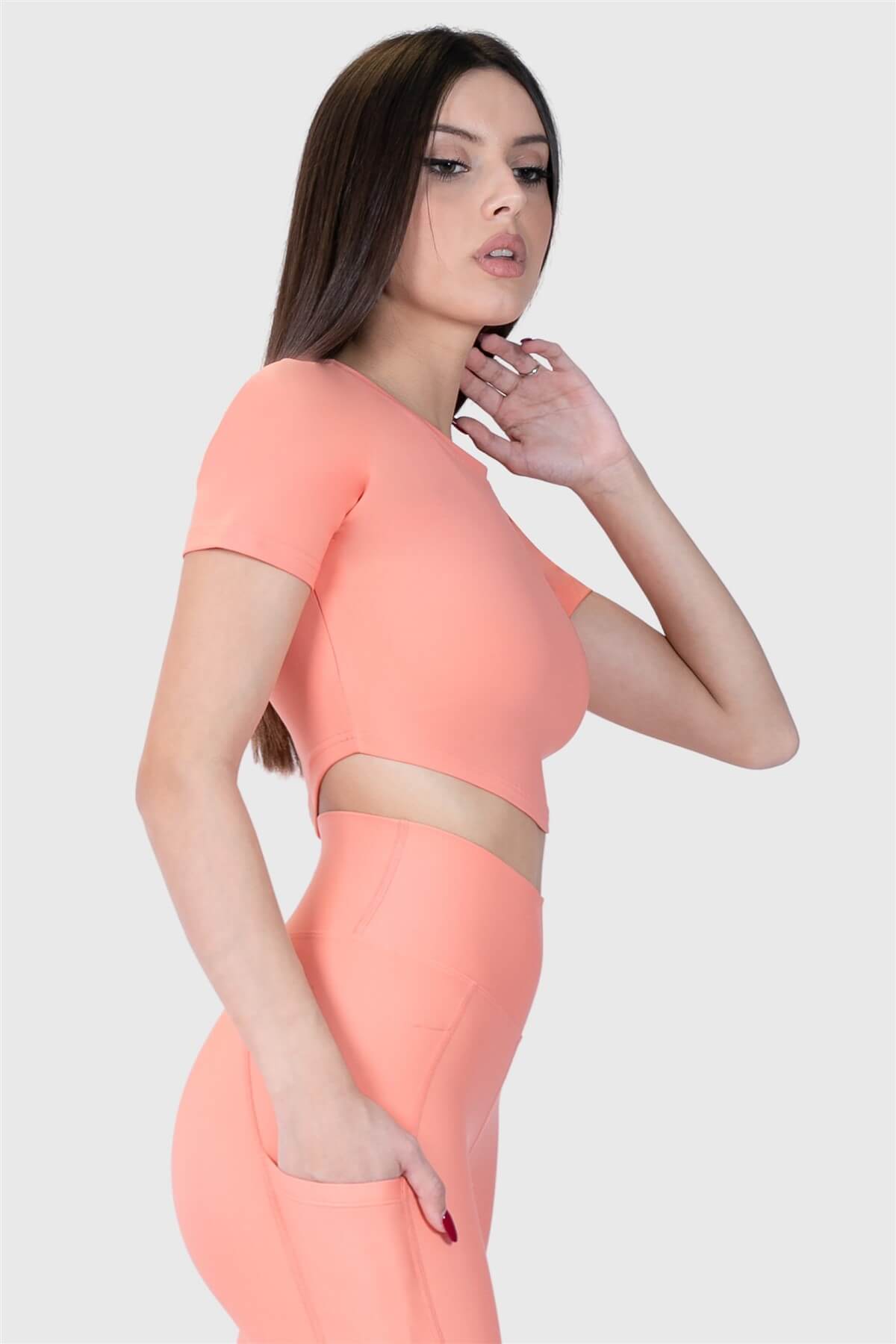 Kısa Kol Spor Şeftali Crop Top - 4