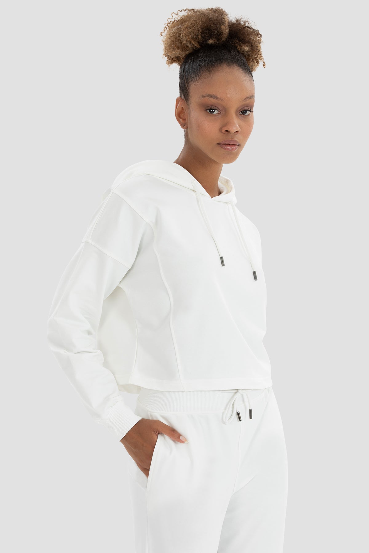Lisa Oversize Krem Crop Hoodie - 3