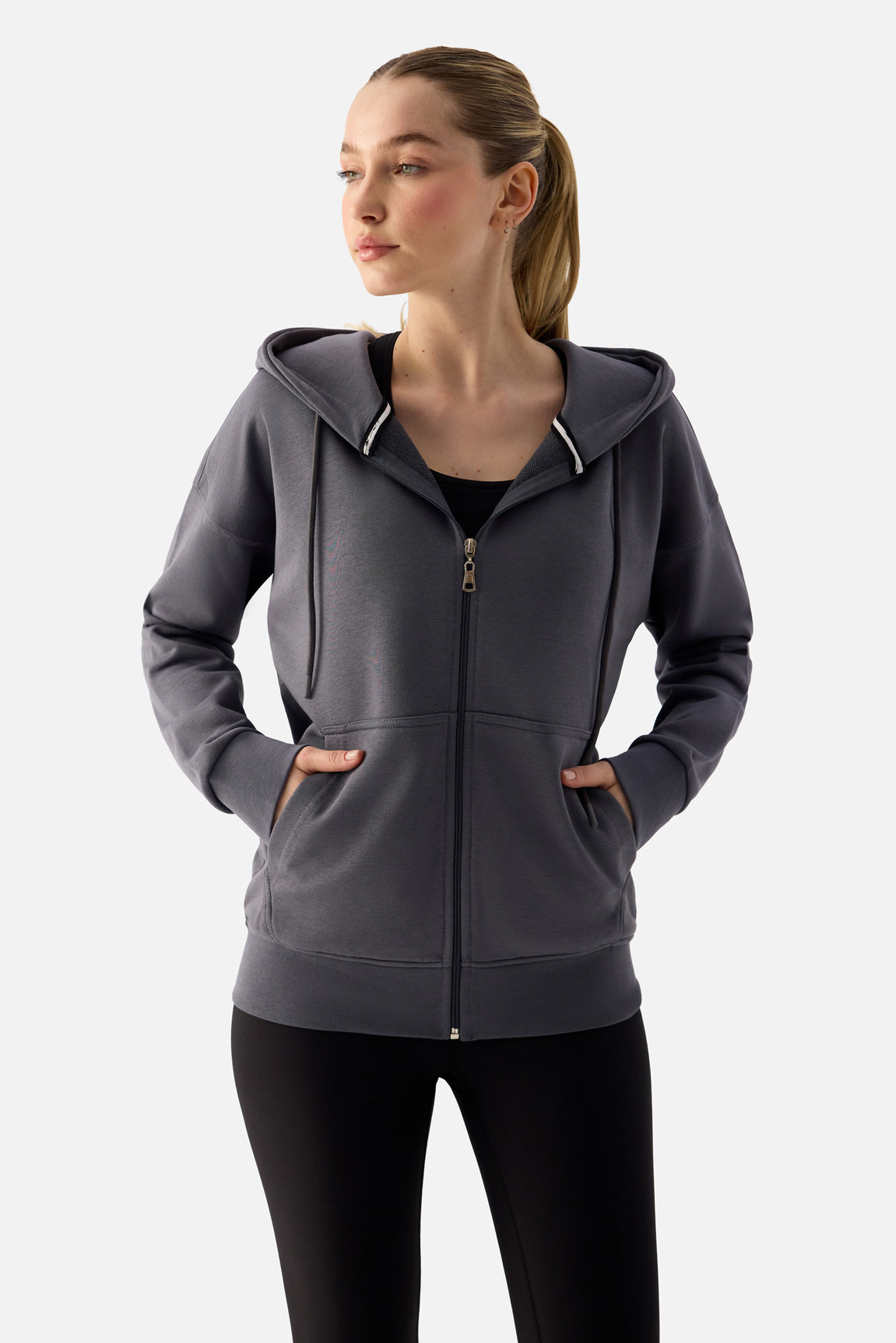 Luna Fermuarlı Kapüşonlu Füme Sweatshirt - 3
