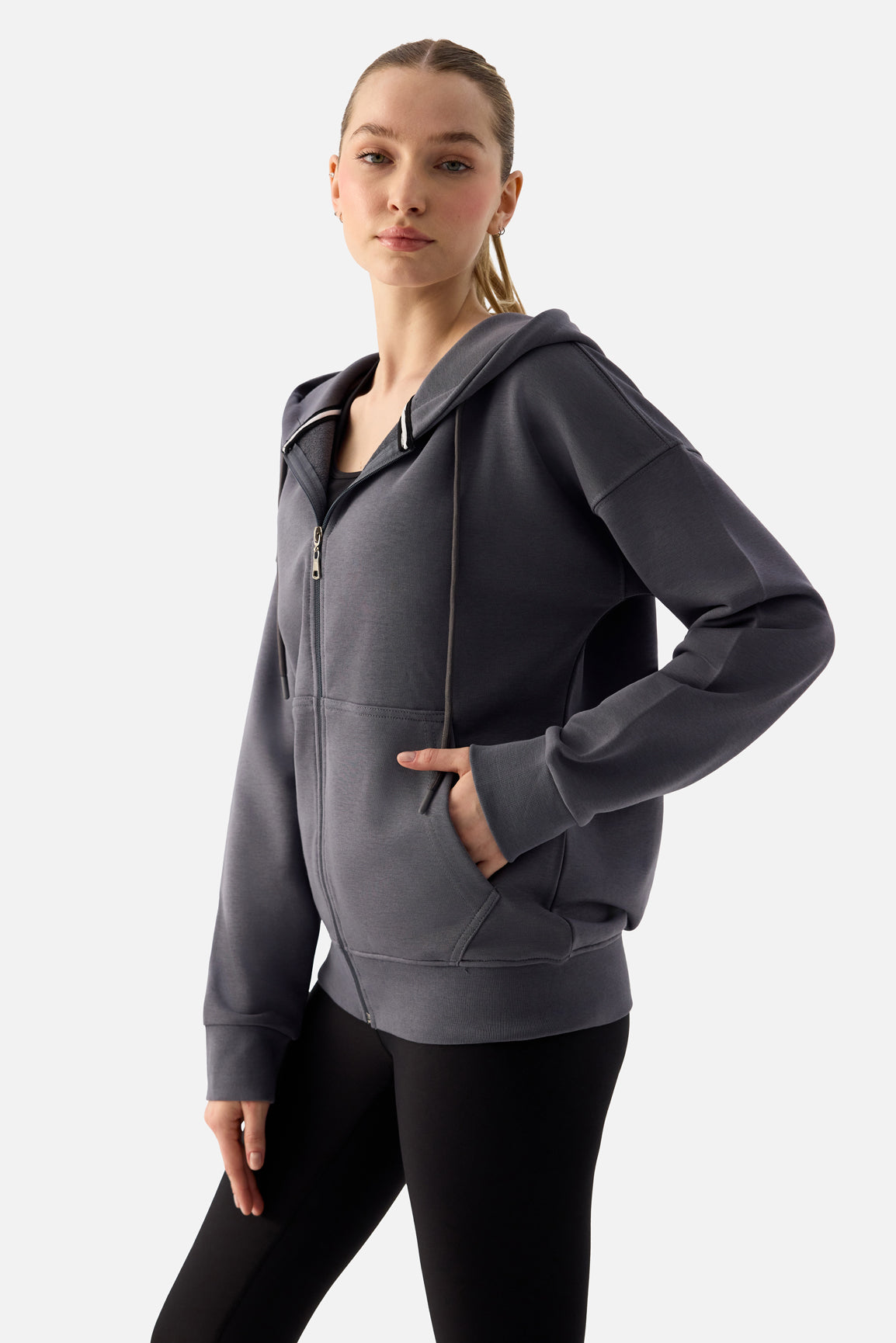 Luna Fermuarlı Kapüşonlu Füme Sweatshirt - 4