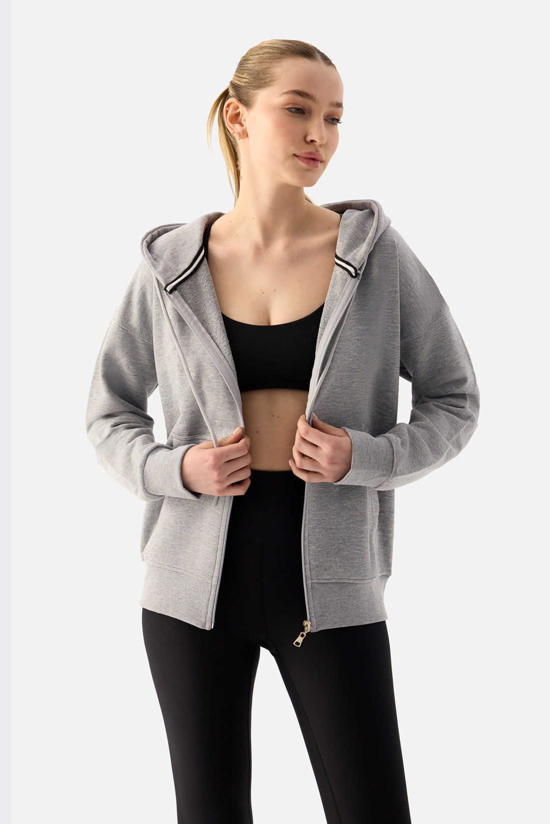 Luna Fermuarlı Kapüşonlu Gri Melanj Sweatshirt - 3