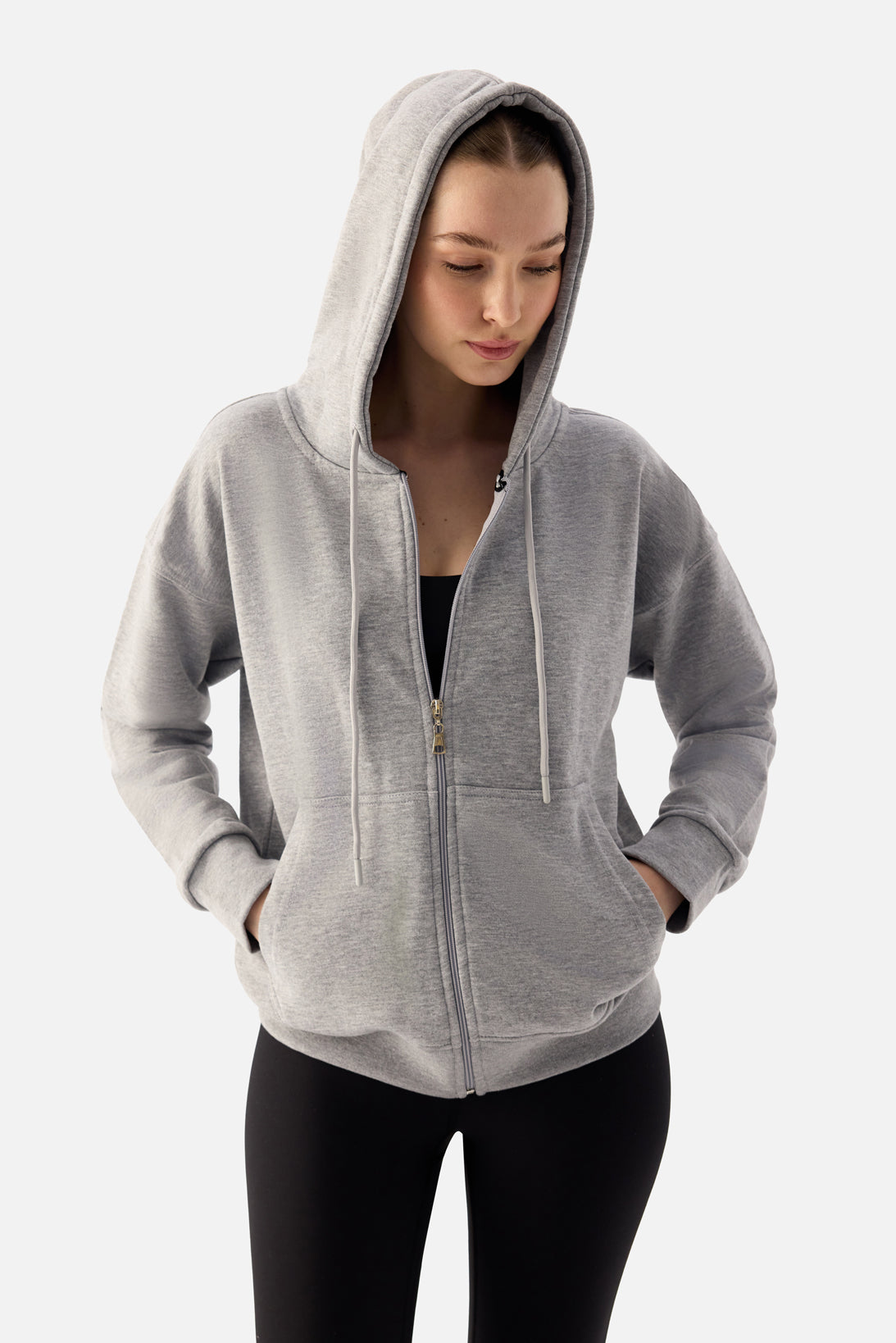 Luna Fermuarlı Kapüşonlu Gri Melanj Sweatshirt - 6