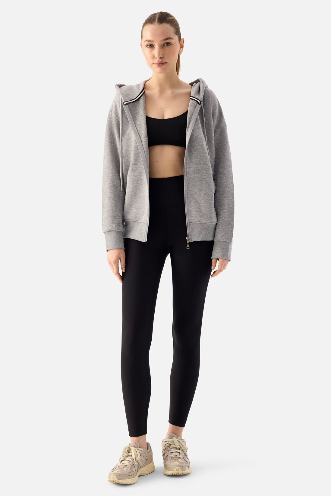 Luna Fermuarlı Kapüşonlu Gri Melanj Sweatshirt - 7