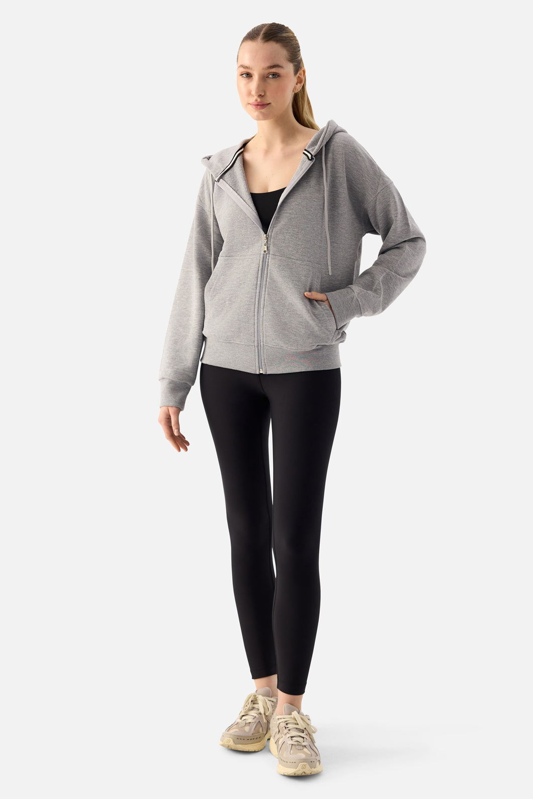 Luna Fermuarlı Kapüşonlu Gri Melanj Sweatshirt - 8