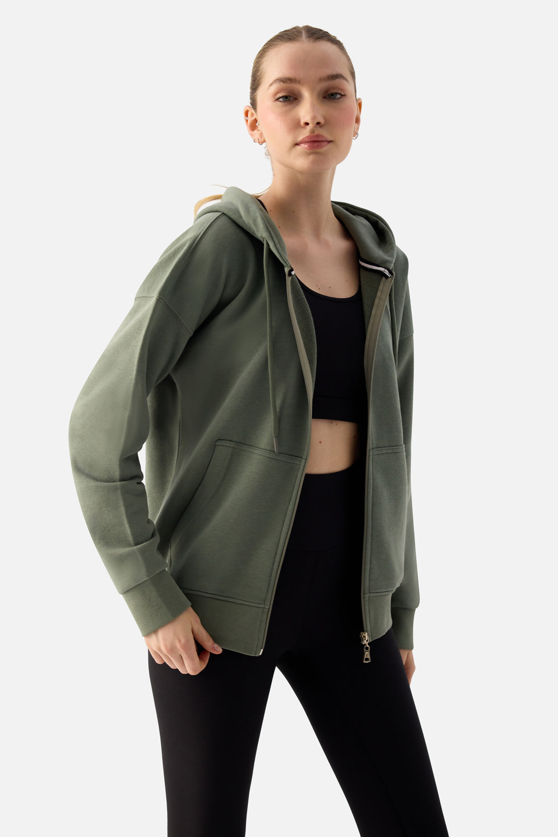 Luna Fermuarlı Kapüşonlu Haki Sweatshirt - 3