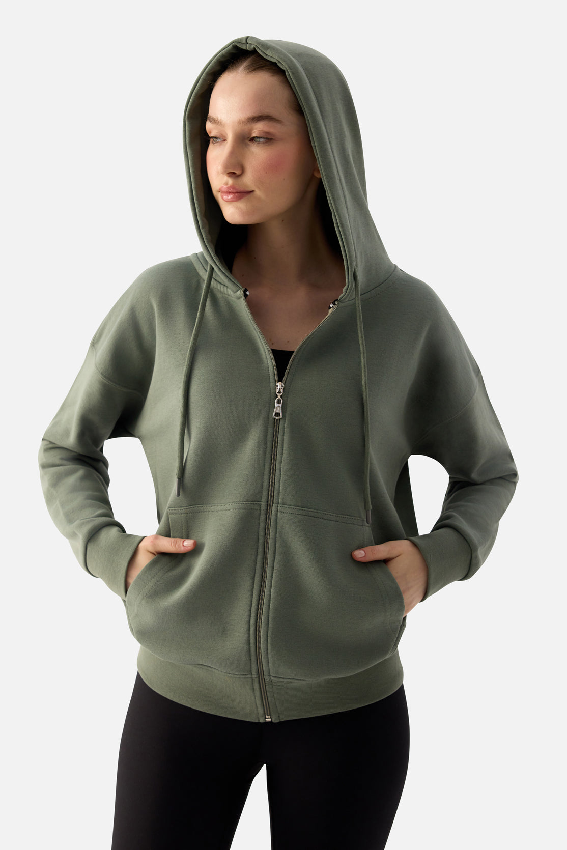 Luna Fermuarlı Kapüşonlu Haki Sweatshirt - 4