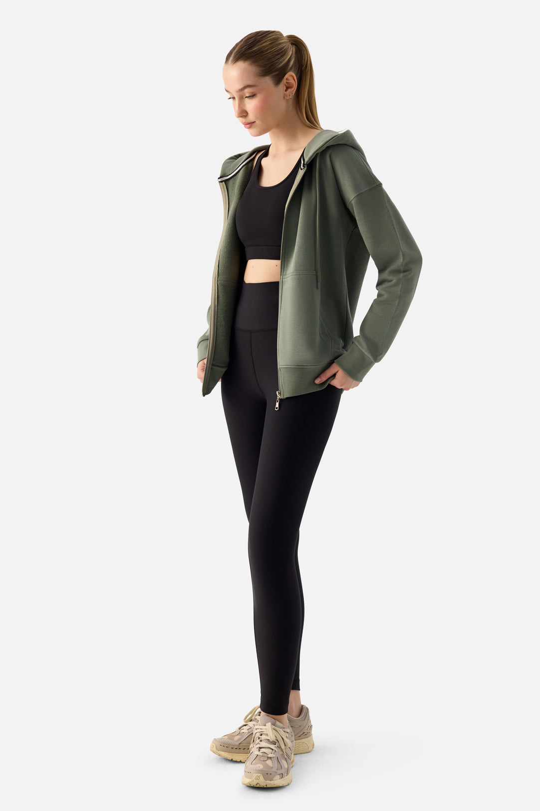 Luna Fermuarlı Kapüşonlu Haki Sweatshirt - 8