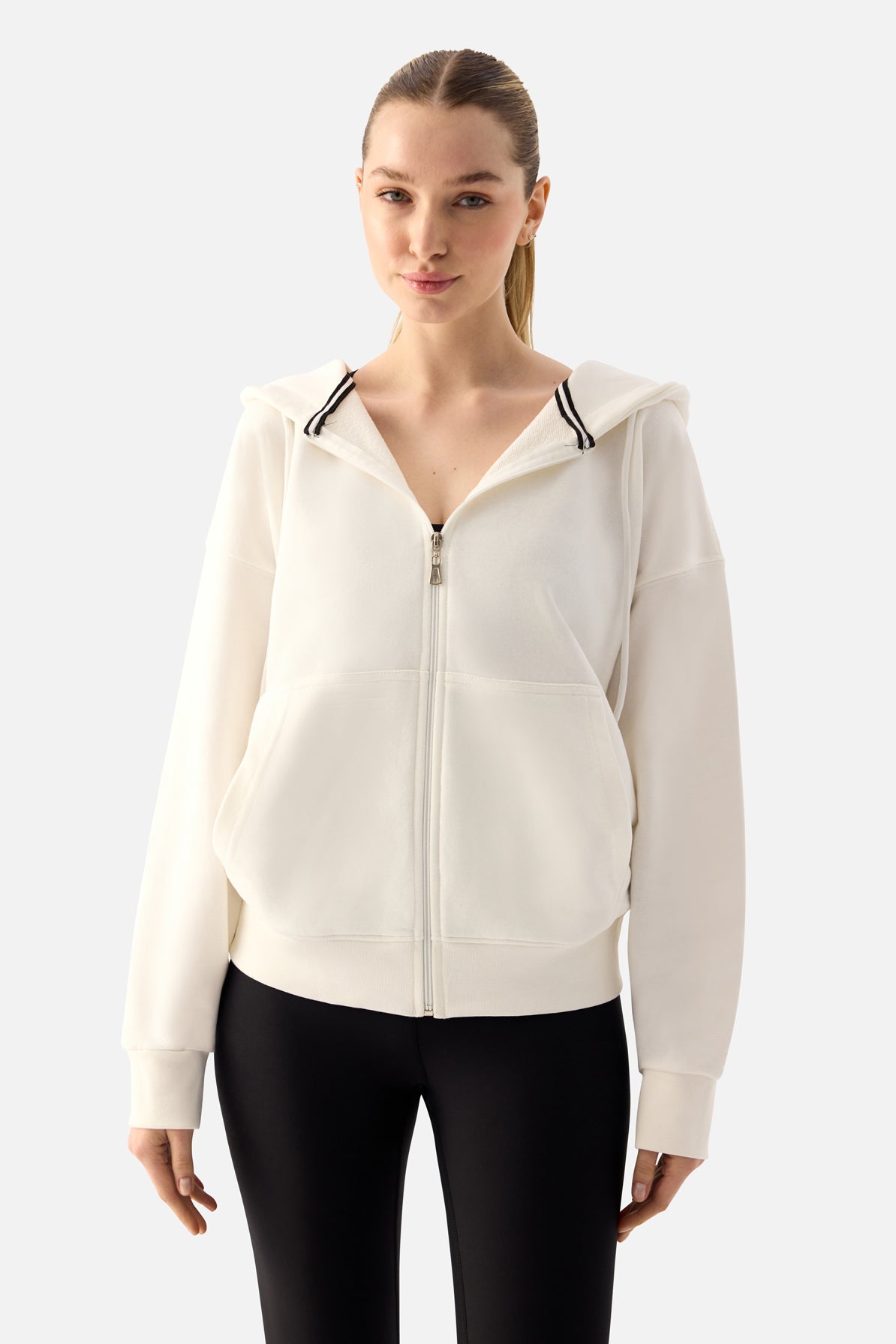 Luna Fermuarlı Kapüşonlu Krem Sweatshirt