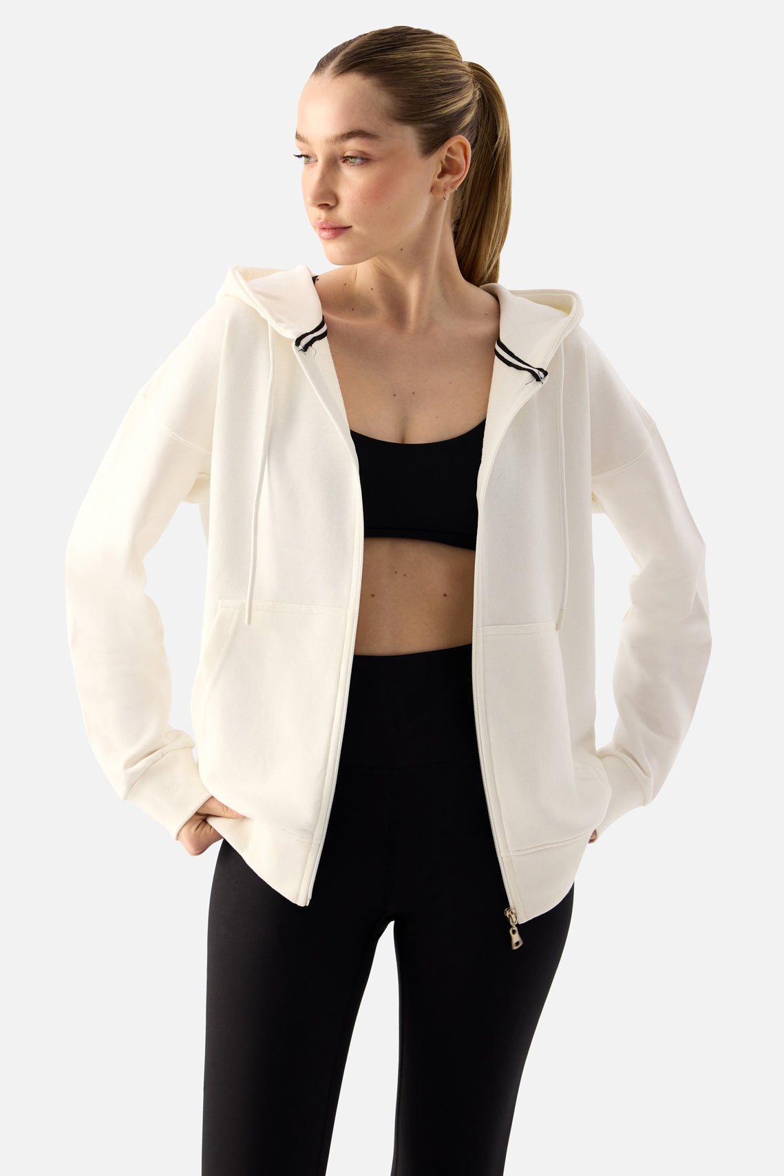 Luna Fermuarlı Kapüşonlu Krem Sweatshirt - 3