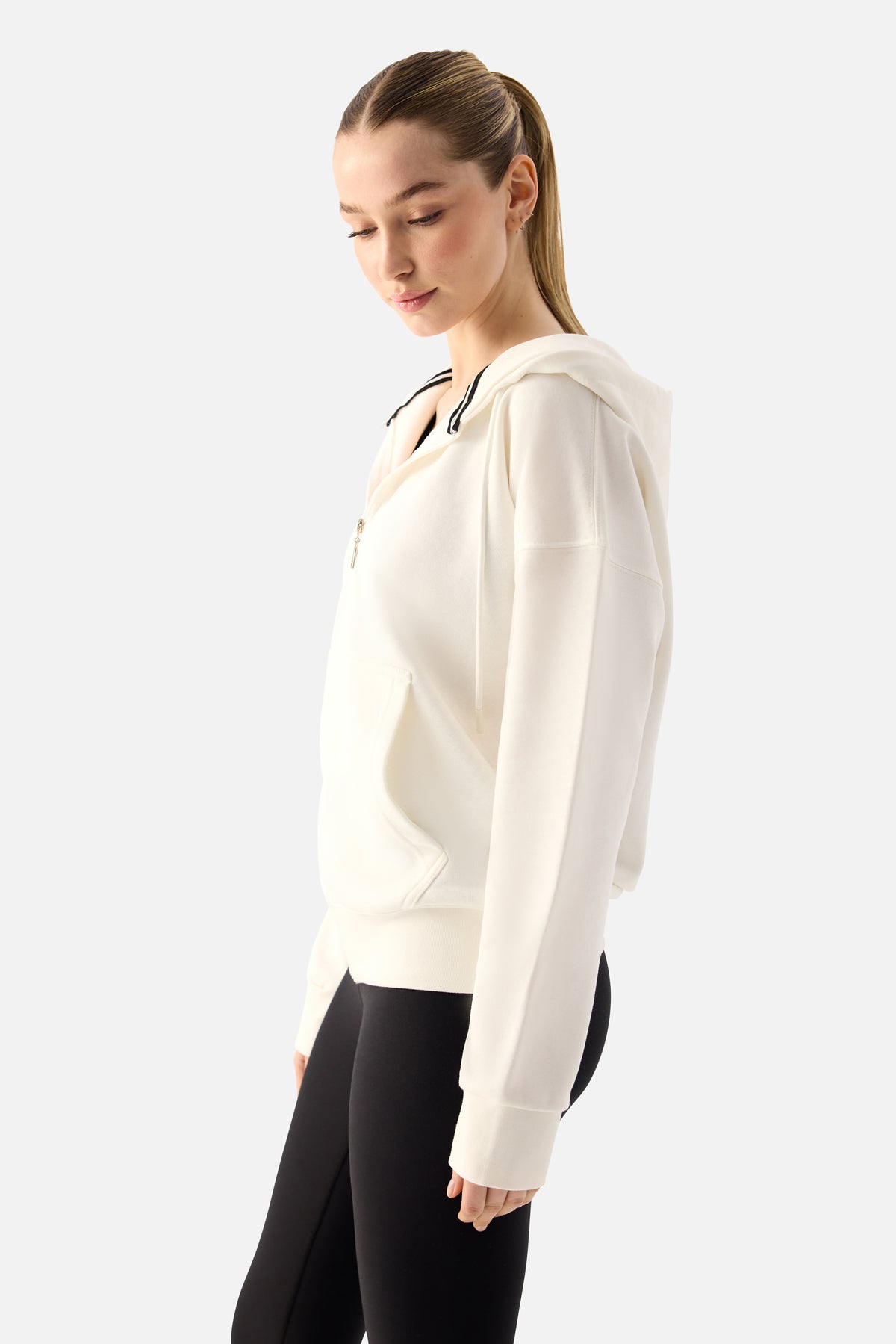 Luna Fermuarlı Kapüşonlu Krem Sweatshirt - 5