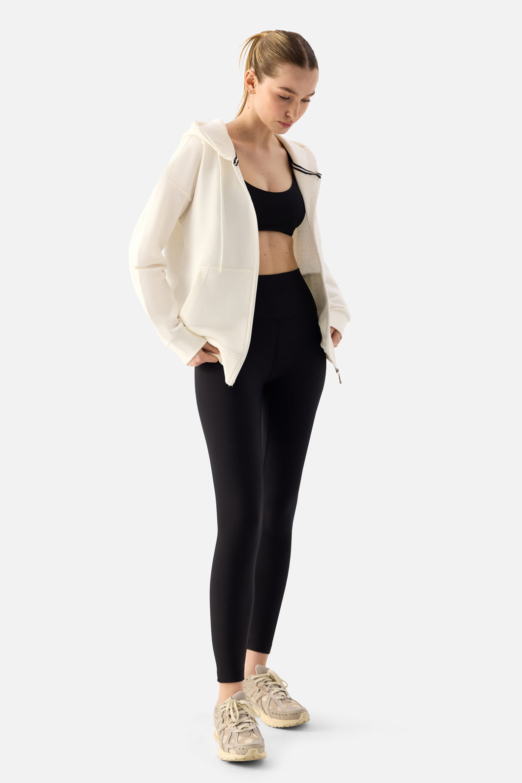 Luna Fermuarlı Kapüşonlu Krem Sweatshirt - 7