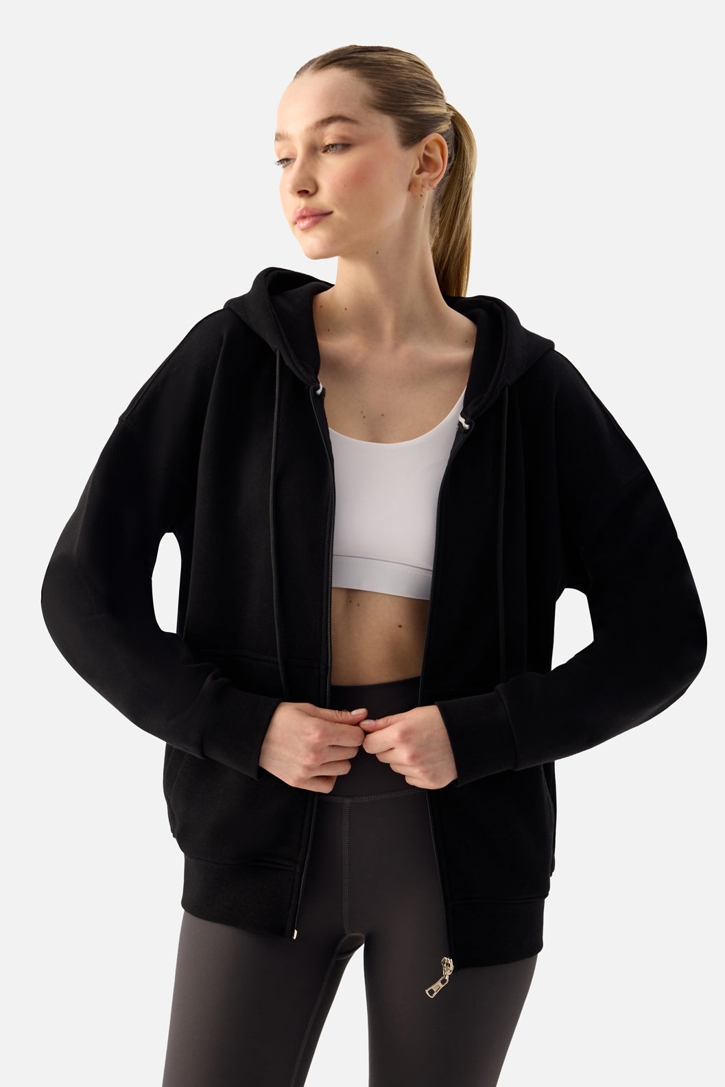 Luna Fermuarlı Kapüşonlu Siyah Sweatshirt - 3