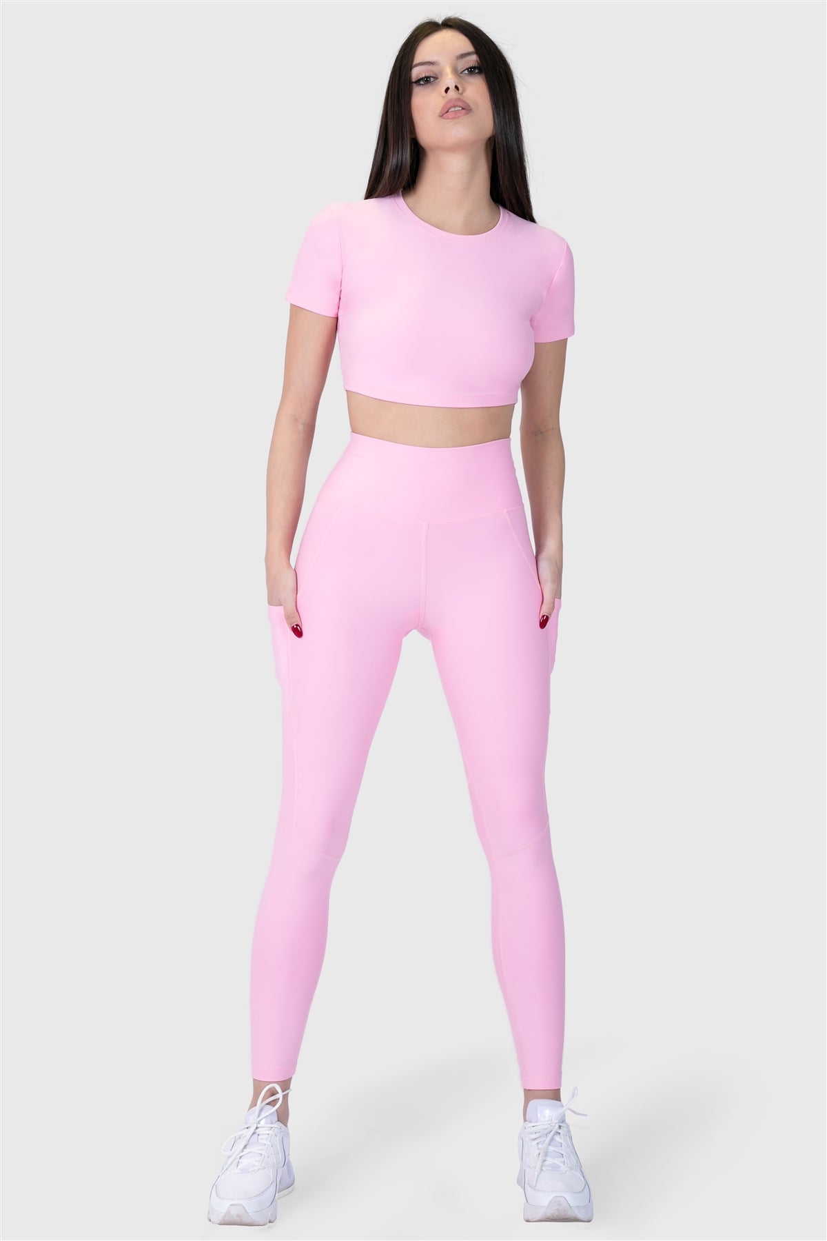 Yüksek Bel Cepli Pembe Spor Tayt - 3