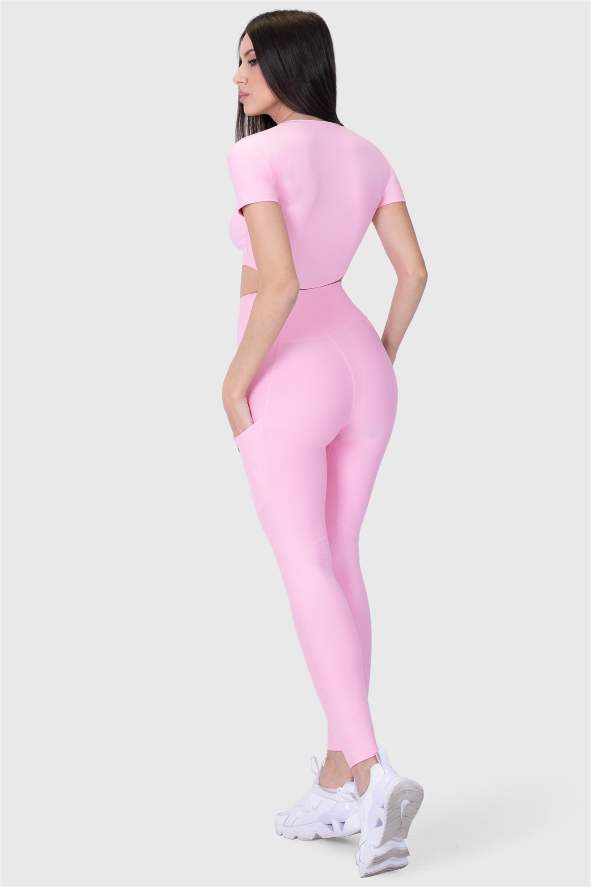 Yüksek Bel Cepli Pembe Spor Tayt - 5