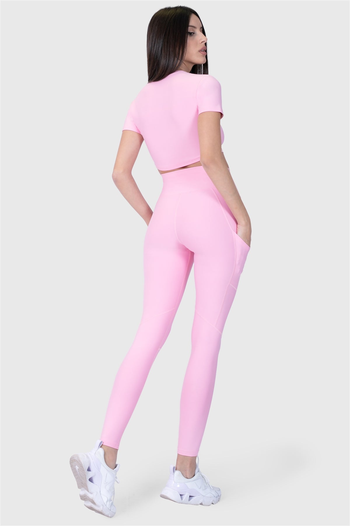 Yüksek Bel Cepli Pembe Spor Tayt - 6