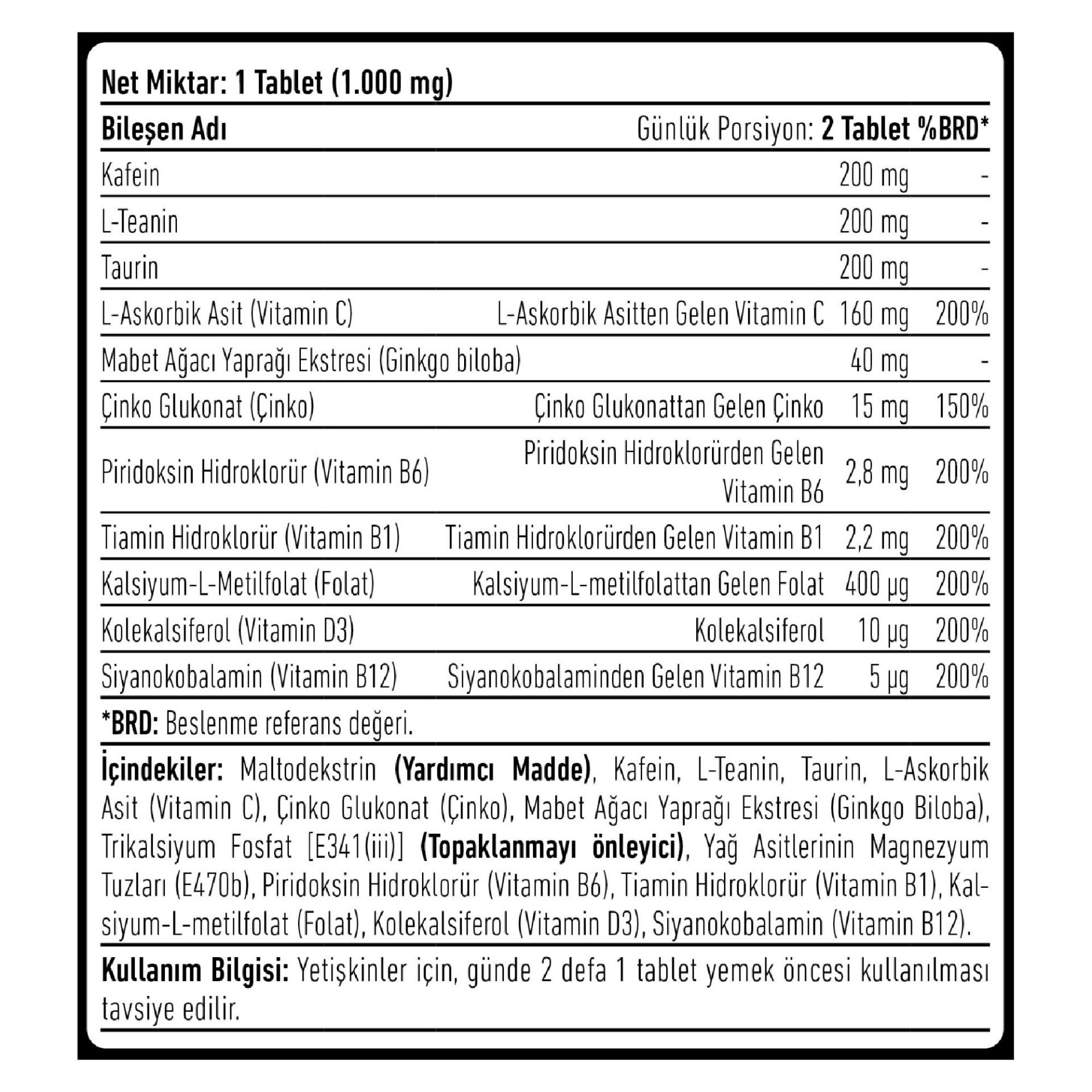 Triple Effect Kafein L-Teanin Taurin 60 Tablet - 2