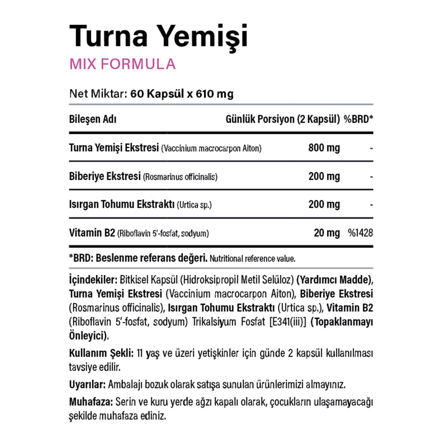 Turna Yemişi, Biberiye, Isırgan Otu, Vitamin B2 60 Kapsül - 2