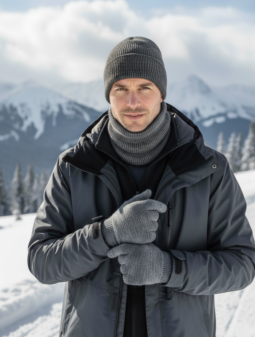 Winter Set %70 Merino Yünü Termal Bere ve Eldiven 2'li Kış Seti - Gri - 4